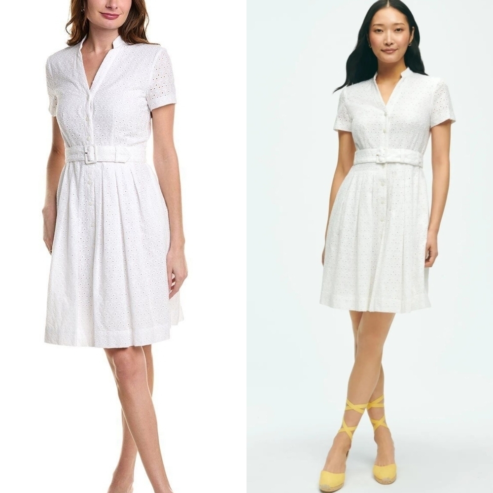 NWT Brooks Brothers White Eyelet Button-Front Belted Shirt Dress, Size 8